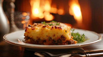 A hearty slice of cottage pie perfectly browned and bubbling with a layer of creamy mashed potatoes all while being baked in the cozy warmth of a crackling fireplace.