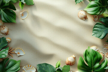 Top view sand field with green leaf and shells on sea beach background, Flat lay Summer holiday vacation concept