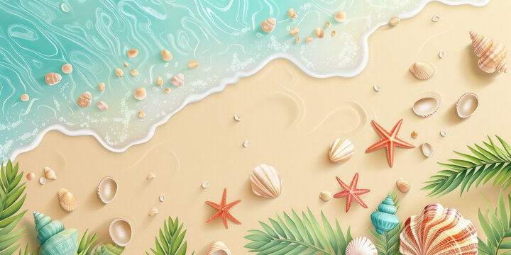 Top view 3D cartoon illustration sand sea and shells tropical beach, Flat lay minimal summer holiday vacation concept
