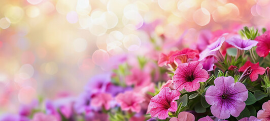 Petunias on soft, dreamy background copy space. Spring summer banner