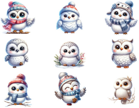 Watercolor Adorable Snowy Owls Clipart