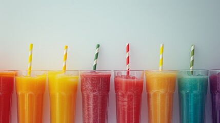 Colorful lineup of fresh smoothies with striped straws, healthy lifestyle concept