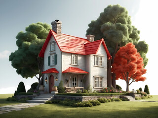 3D miniature model of a classic house with trees and grass on white background. 3d rendering. Generative AI technology.