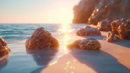 Dusk at the beach with sun-kissed rocks and sand highlighting the sparkle of nature
