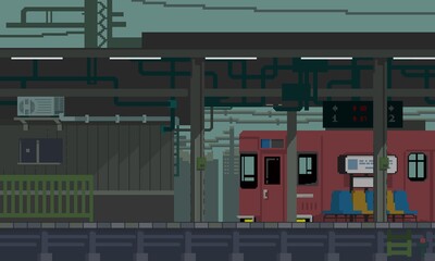 Pixel art Japan red train in station. Assets for Game - Design for wallpaper, background, mobile app, computer game .