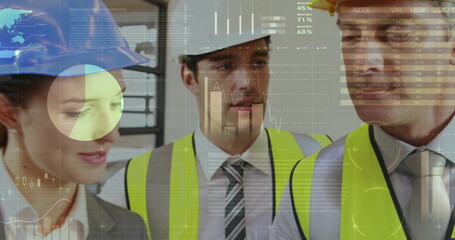 Digital composite of three architects reviewing building plans with graphs and statistic in the fore