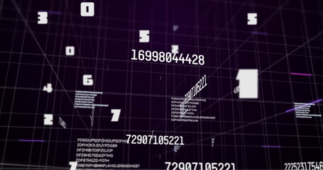 Image of numbers changing with data processing on grid on purple background