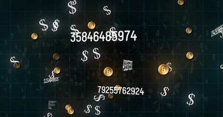 Image of numbers changing and american dollar and bitcoin symbols over grid
