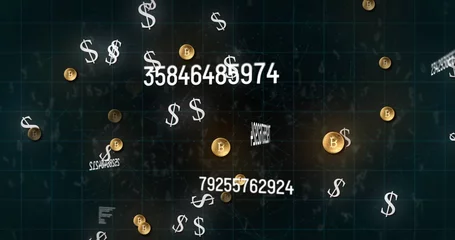 Photo sur Plexiglas Lieux américains Image of numbers changing and american dollar and bitcoin symbols over grid