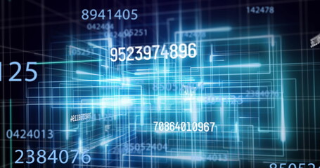 Image of numbers changing with data processing with glowing blue lines in background