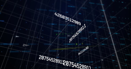 Image of numbers changing and data processing over grid