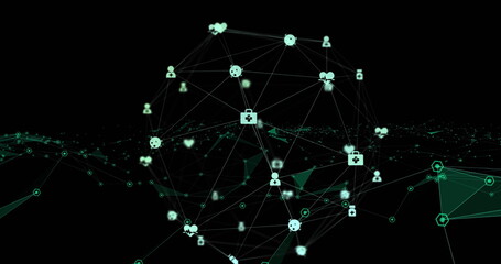 Image of globe of network of connections with icons floating on black background