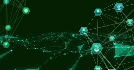 Image of networks of connections with icons over green background