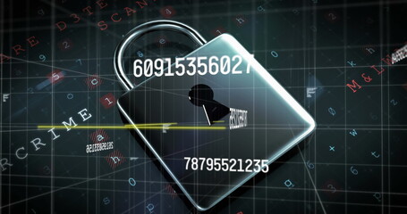 Digital image of online security concepts and changing numbers over security padlock icon against gr