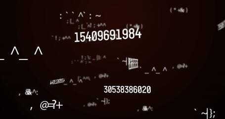 Digital image of changing numbers and mathematical symbols against brown background