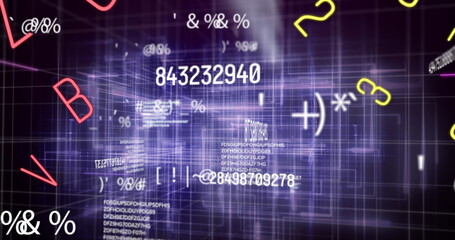Digital image of changing numbers and symbols and purple light trails moving against black backgroun