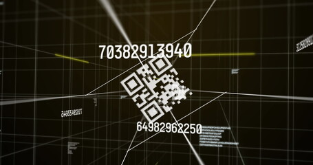 Digital image of qr code scanner and changing numbers over grid network against brown background
