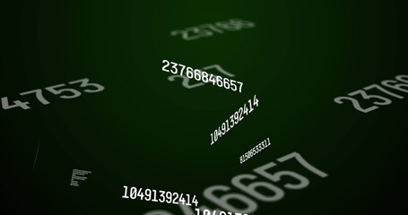 Digital image of changing numbers and data processing against green background