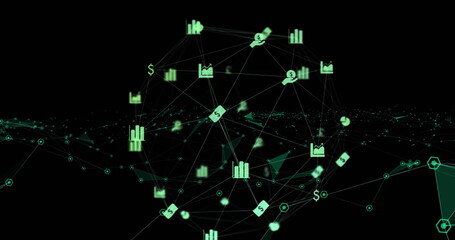 Digital image of globe of finance icons spinning against network of connections on black background