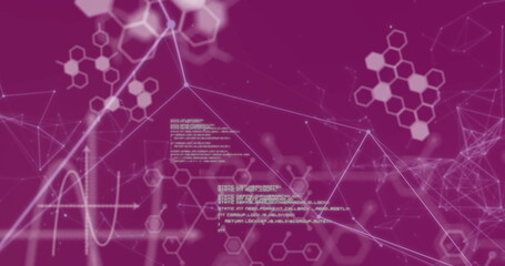 Digital image of molecular structures and network of connections against pink background