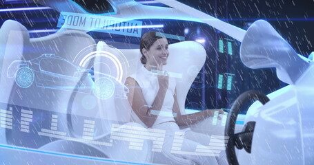 Digital composition of digital interface against woman driving futuristic across the city