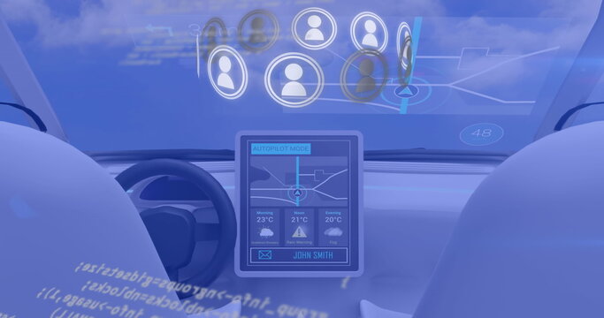 Image of network with icons and data processing with car cockpit on blue background - Powered by Adobe