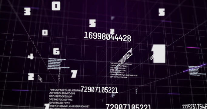 Image of numbers changing with data processing on grid on purple background
