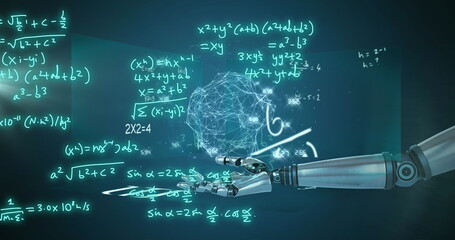 Image of robot's arm, mathematical formulae and scientific data processing over grey background