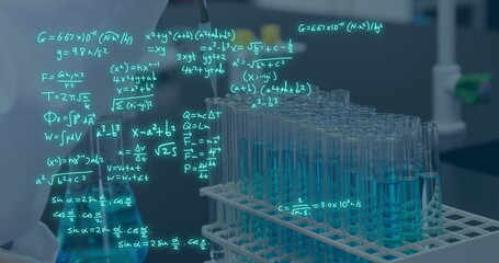 Image of scientific data processing over test tubes in laboratory
