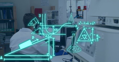 Image of scientific data processing over caucasian male scientist in laboratory