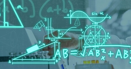 Image of scientific data processing over caucasian male scientist in laboratory