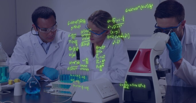Image of scientific data processing over caucasian scientists in laboratory