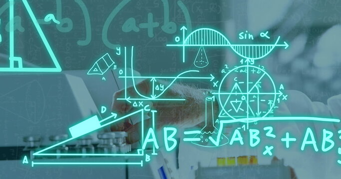 Image of scientific data processing over caucasian male scientist in laboratory