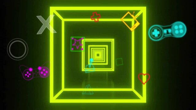 Animation of yellow square tunnel over video game controllers and icons on purple