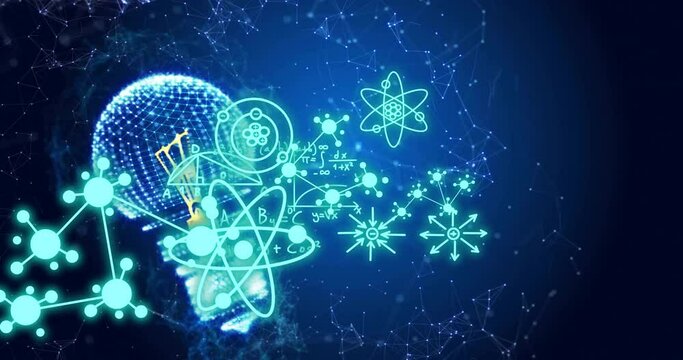 Animation of atomic diagrams over light bulb and networks on blue background