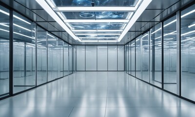 photo from the other side of a glass wall of a crowded, large, cubic, futuristic training room with white metal walls, white illumination, no windows
