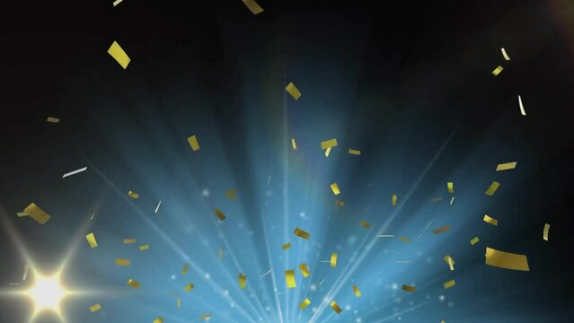 Animation of gold confetti falling over white spotlights on dark background