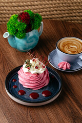 cappuccino in a mug and dessert on a plate. coffee shop menu