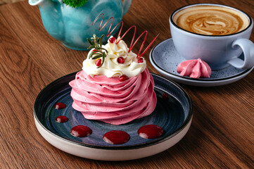 cappuccino in a mug and dessert on a plate. coffee shop menu