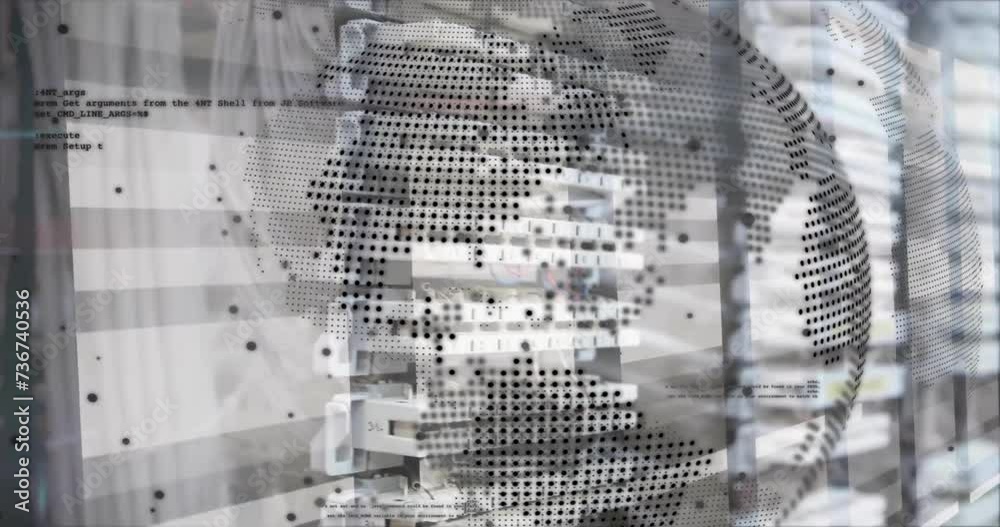 Poster animation of globe with data processing over computer servers