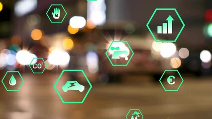 Animation of eco icons with data processing over cityscape - Powered by Adobe