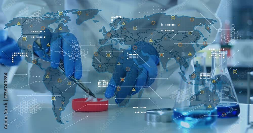 Sticker animation of data processing and world map over male scientist