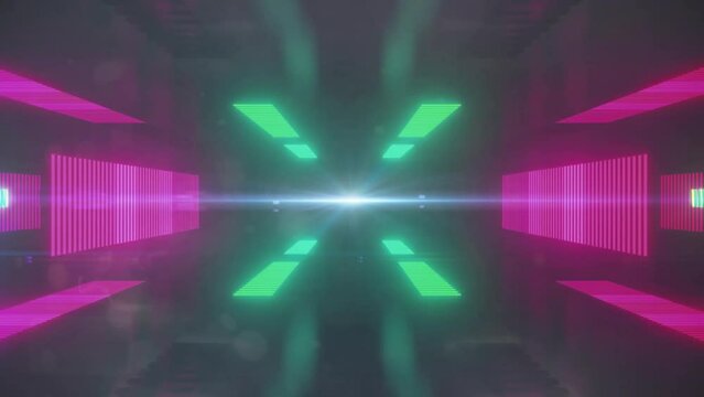 Animation of pink and green moving light tunnel on dark background