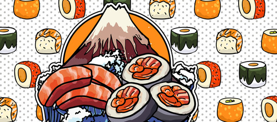 Original hand drawn cartoon delicious Japanese food sushi illustration poster material
