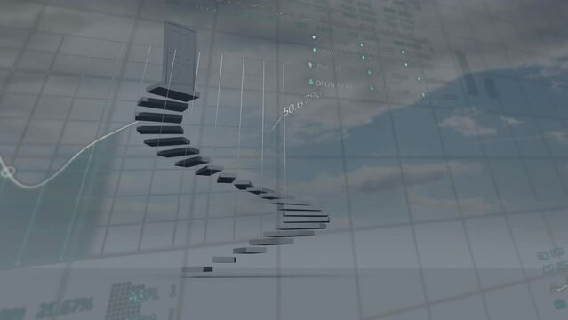 Animation of financial data processing over staircase and clouds