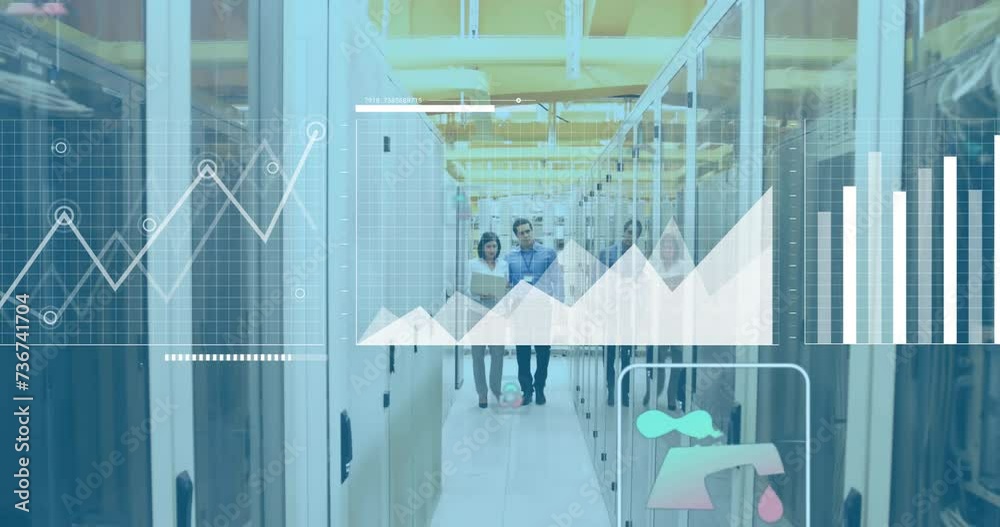 Poster animation of data processing over diverse it people by computer servers