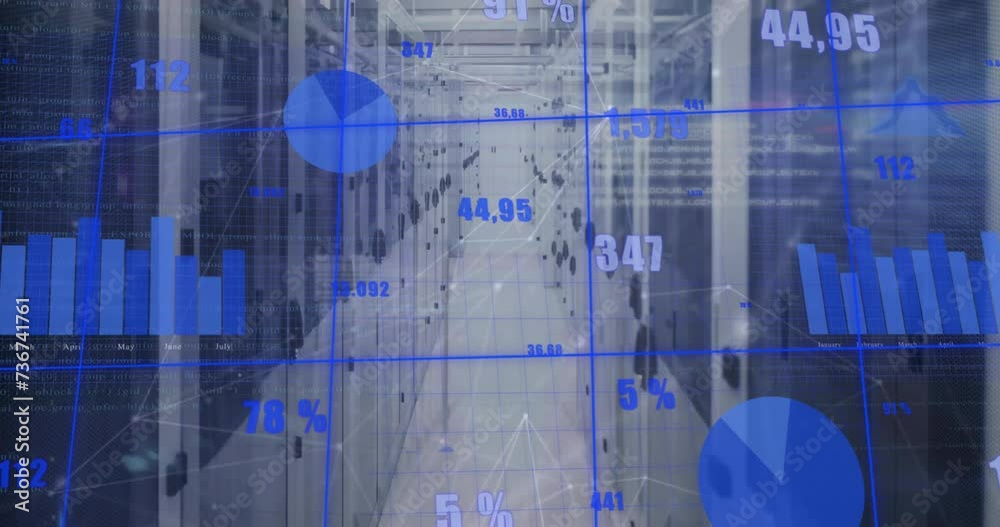 Poster animation of diagrams and data processing over server room