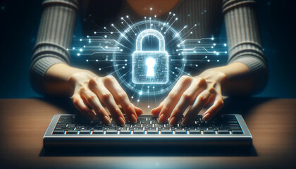 A woman's hands typing on a keyboard with floating cyber security lock above