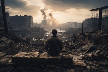 a man sitting on a wall looking at a destroyed city