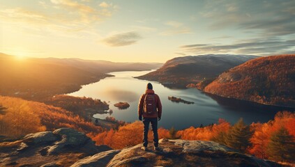 a man standing on a cliff overlooking a body of water - Powered by Adobe